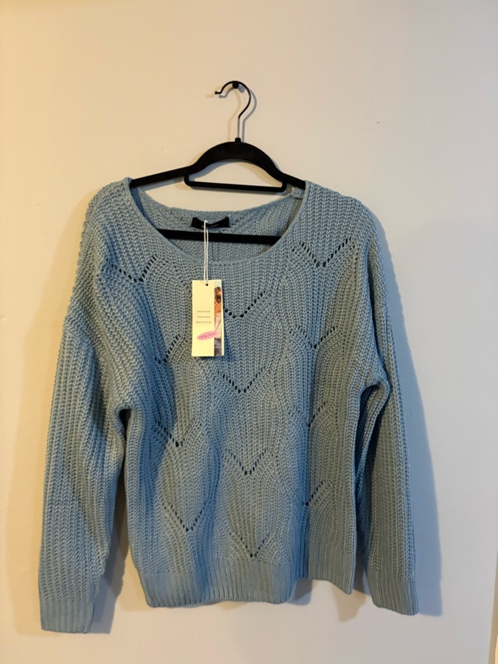 Amazon Light Blue Scoop Neck Openwork Knit Sweater- M NWT